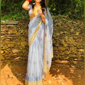 Elegant Gray and Gold Saree